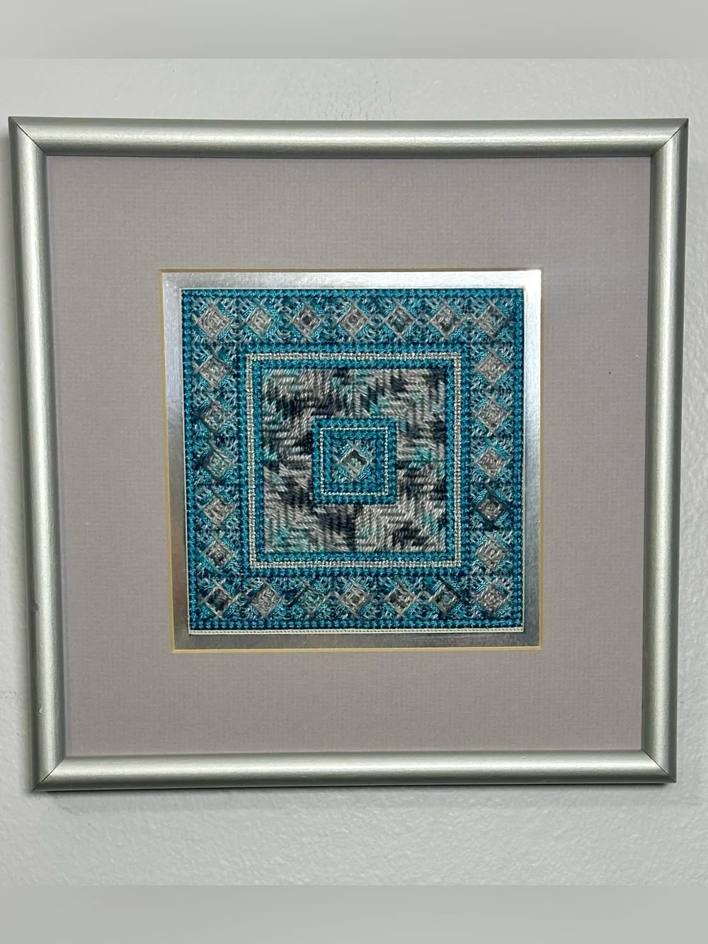 Framed Teal Gray Geometric Yarn Needlepoint Embroidery Wall Art  9 3/4” square